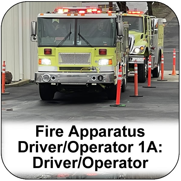 Fire Apparatus Driver Operator 1A class, two lime green fire engines with their red lights flashing. View course information.