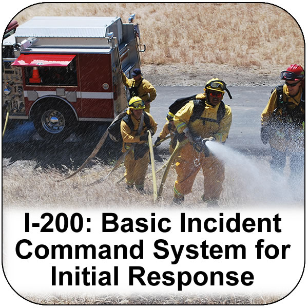 I-200 Basic Incident Command System for Incident Response. Three fire fighters wearing yellow spray a fire hose with a fire engine in the background. View course information