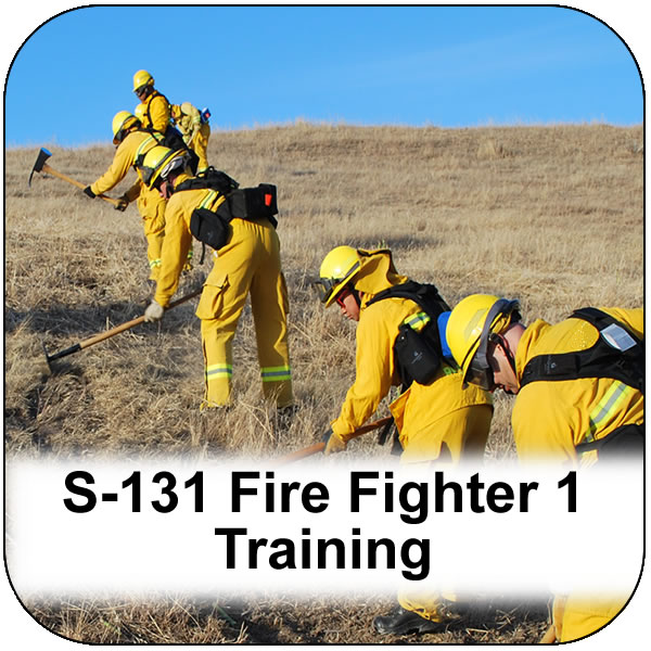 S-131 Fire Fighter 1 Training. Five firefighters wearing yellow using tools to dig a fire break on a hill. View course information.